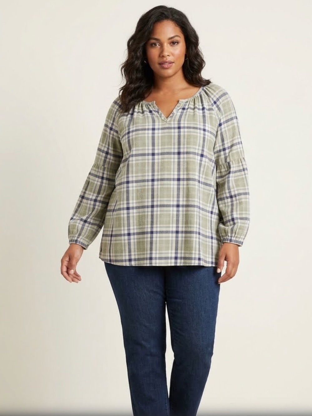 Woman Within Blue Gray Plaid Split Neck Peasant Blouse Plus Size 5X